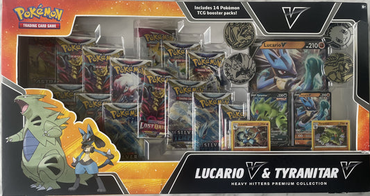 English Pokemon Lucario V & Tyrannitar V Heavy Hitters Premium Collection Box